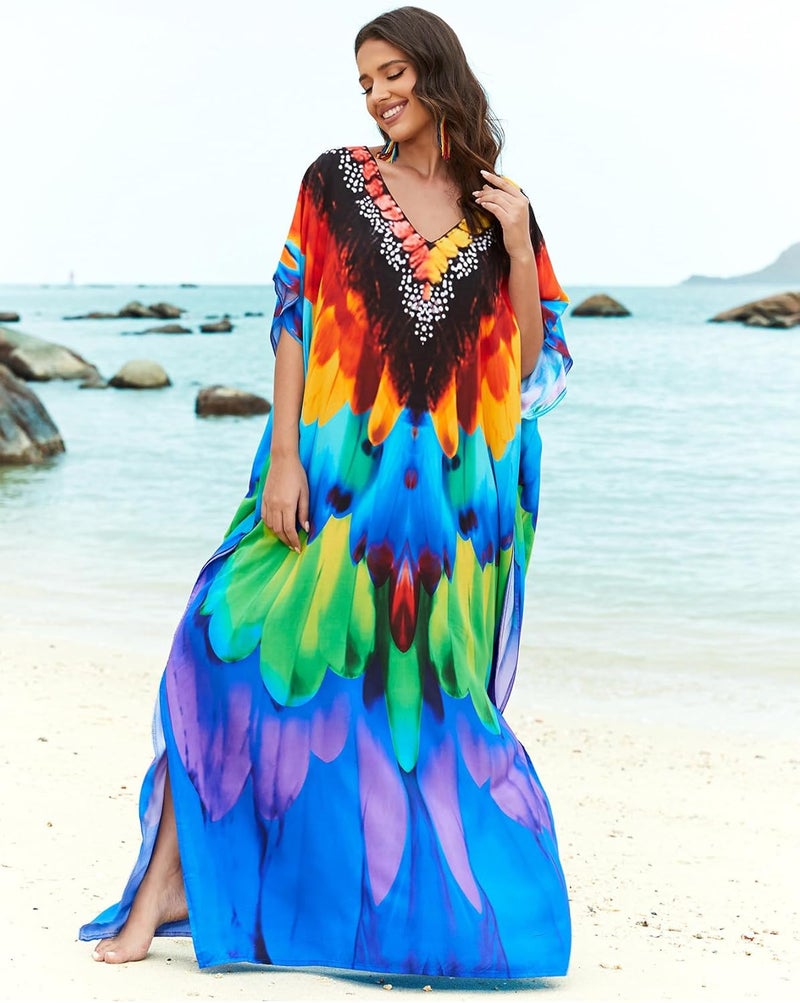 IMAGEKOPE Women's Plus Size Loose Fit Moroccan Print V-Neck Batwing Kaftan Beach Dress Bathing Suit Cover Up - Image 1